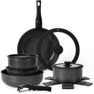 lot 90132 image: SODAY 15Pcs Pots and Pans Set Non Stick, Cookware Sets with Detachable Handle, Nonstick RV Kitchen Cooking Set Removable Handles, Oven Safe, Induction Fast, Stackable Non-stick Set, Black - Retail $81.72