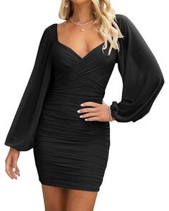 lot 90150 image: BTFBM Womens Elegant Ruched Bodycon Dresses Summer Fall Mesh Long Sleeve Cross V Neck Party Club Cocktail Mini Dress(Solid Black, Small)