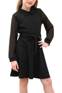 lot 90152 image: GORLYA Mesh Long Sleeve Girls Peter Pan Collar Casual Vintage A-line Party Belted Dress with Pockets for 4-14T (GOR1030, 13-14Y, Black)