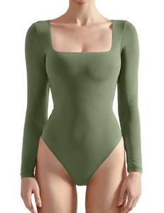 lot 90156 image: SUUKSESS Women Long Sleeve Bodysuit Sexy Square Neck Thong Body Suit Shirts Top for Fall and Winter (Army Green, L)