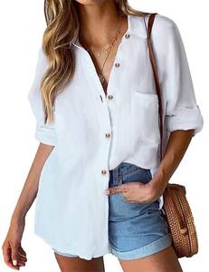 lot 90157 image: HOTOUCH White Button Up Shirt Women 100% Cotton Linen White Collar Shirts Long Sleeve Casual Work Blouse Top White L