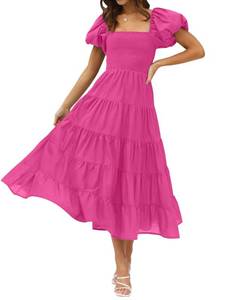 lot 90160 image: ZESICA Womens 2024 Summer Square Neck Short Puff Sleeve Solid Color High Waist Casual Smocked Flowy A Line Tiered Midi Dress