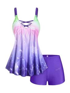 lot 90169 image: ROSE GAL Rosegal Plus Size Crisscross Backless Ombre Padded Boyleg Tankini Swimsuit