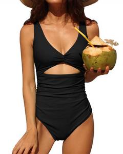 lot 90173 image: Charmo Womens One Piece Swimsuit Ruched Tummy Control High Cut Backless V Neck Bathing Suits Swimwear Black X-Large