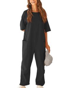 lot 90178 image: Yeokou Womens Jumpsuits Stretchy Short Sleeve Casual One Piece Jumper Reversible Hot Shot Tee Onesie(-Black-M)