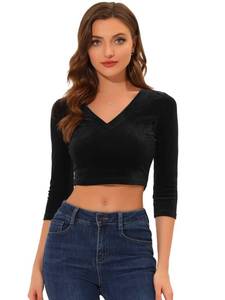 lot 90181 image: Allegra K Womens Velvet Blouse V Neck 34 Sleeve Solid Halloween Crop Top Large Black