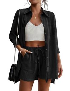 lot 90197 image: Beyove Womens 2 Piece Lounge Tracksuit Outfit Sets Cotton Linen High Low Shirt and Drawstring Casual Shorts Set, Black S