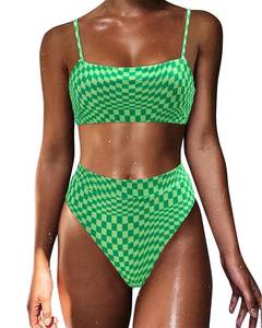 lot 90255 image: MOSHENGQI Women High Waisted High Cut Bikini Push Up Bandeau Swimsuits (M, Neon Green Gingham)