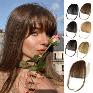 lot 90265 image: 100% Human Hair Bangs Clip in Hair Extensions, Medium Brown Clip on Bangs Wispy Bangs Fringe with Temples Hairpieces for Women Curved Bangs for Daily Wear