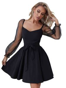 lot 90267 image: WDIRARA Womens V Neck Mesh Bishop Long Sleeve Ruffle Hem Belted Dress Black L