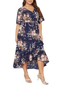 lot 97725 image: Keluummi Plus Size Wedding Guest Maxi Dress for Curvy Women, Summer Casual Boho Floral Long Wrap Dress with Sleeve and Pocket(20 Plus, 04 - Navy Blue Floral)