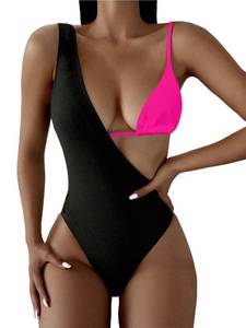 lot 97732 image: Hilinker Womens Colorblock 3 PCS Swimsuit Rib Triangle Bikini Set with One Shoulder Swimwear Black Pink Large