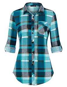 lot 97746 image: DJT Womens Plaid Shirts Soft Stretchy Knit Blouses Roll Up Long Sleeve Collared Button Down Tops Small Turquoise