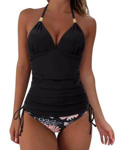lot 97749 image: SUUKSESS Women Halter Tankini Bathing Suits Sexy Slimming Tummy Control Swimsuits 2 Pieces (Vintage Floral Black, XL)