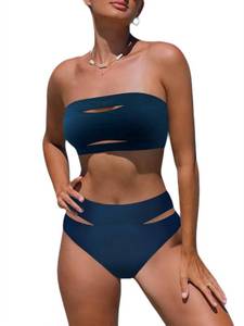 lot 97751 image: popvil Two Piece Bikini Sets for Women Strapless Cutout Bathing Suits High Waisted Swimsuit Black