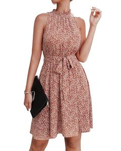 lot 97762 image: BTFBM Women 2024 Summer Halter Neck Dresses Sleeveless Casual Floral Polka Dot Print Short Boho Ruffle Sundress(Floral Print Red, Large)