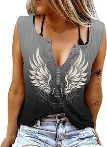 lot 97767 image: Guitar Wings Tank Tops for Women Retro Country Music Shirt Rock Guitar Graphic Tees Casual V Neck Sleeveless Vest Cami (XXL, Gradient Gray)