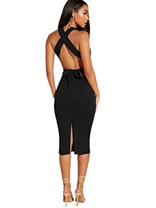 lot 97768 image: GORGLITTER Womens Backless Halter Neck Bodycon Midi Dress Split Crisscross Ribbed Knit Dresses Black Medium