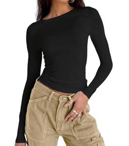 lot 97774 image: Dwnval Women Fall Casual Basic T Shirts Sexy Slim Fit Crewneck Cute Long Sleeve Crop Tops(Black, M)