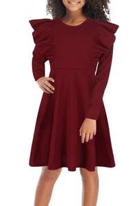 lot 97779 image: GORLYA Girls Long Sleeve Ruffle Trim A-Line Swing Flared Skater Party Dress with Pockets for 14 Years Kids (GOR1019, 14Y, Wine Red)