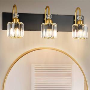 lot 51207 image: VOWNER Modern Crystal Vanity Light - 3 Light Bathroom Vanity Light Fixtures Over Mirror Modern Bathroom Vanity Lights for Bathroom Black Gold Crystal Bath Wall Light Fixtures