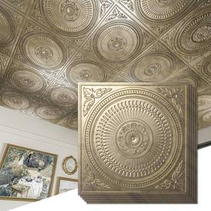lot 51219 image: Art3d 12-Pack Drop Ceiling Tiles 2x2 FT, Decorative Easy Install PVC Ceiling Panels for Interior Kitchen Bathroom Basement, 24x24 Inch, Antique Gold - Retail $98.93