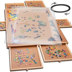 lot 51238 image: PLAYVIBE Rotating Jigsaw Puzzle Board with Drawers 1500 Piece �� Puzzle Table with Cover, 6 Drawers, 27 x 35 �� Wooden Puzzle Organizer �� Puzzle Accessories - Retail $80.71