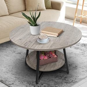 lot 51249 image: Masigle Round Coffee Table, Rustic 2-Tier Circle Coffee Table with Storage, Modern Wood Round Center Coffee Tables for Living Room, Home Office, Easy Assembly, Wash Grey - Retail $90.4