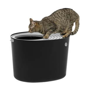 lot 51258 image: IRIS USA Round Top Entry Cat Litter Box Litter Particle Catching Cover and Privacy Walls with Scoop BlackLight Gray - Retail $80.61