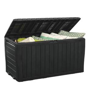 lot 51266 image: Keter Marvel Plus 71 Gallon Resin Deck Box-Organization and Storage for Patio Furniture Outdoor Cushions, Throw Pillows, Garden Tools and Pool Toys, Dark Grey