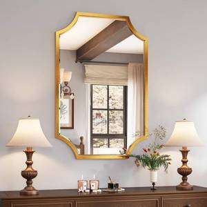 lot 51267 image: Kelly Miller 24x36 Gold Mirror for Wall, Gold Scalloped Mirror Vanity Mirror Decorative Wall Mirror Art Beveled Framed for Master Bath Half Bath Living Room Fireplace Mantle Hallyway Entryway - Retail $130.88