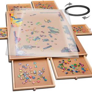 lot 51270 image: PLAYVIBE Rotating Jigsaw Puzzle Board with Drawers 1500 Piece �� Puzzle Table with Cover, 6 Drawers, 27 x 35 �� Wooden Puzzle Organizer �� Puzzle Accessories - Retail $80.61