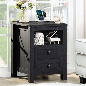 lot 51278 image: Joaxswe Nightstand with Charging Station and USB Port, Farmhouse Night Stand with 2 Drawers and Shelf Storage, Wooden Side End Table, Bedside Cabinet for Bedroom, Living Room, Closet, Office (White) - Retail $142.08