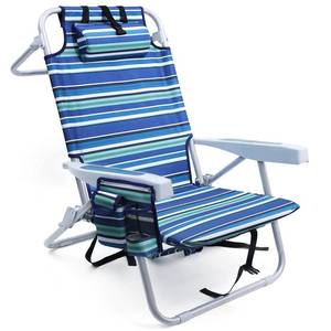 lot 51282 image: Yestomo Beach Chairs for Adults Heavy Duty, Compact Portable Lay Flat Folding Beach Chair with Backpack Straps and Large Cooler Pouch, Support to 350LBS (Stripes_Blue&Cyan)