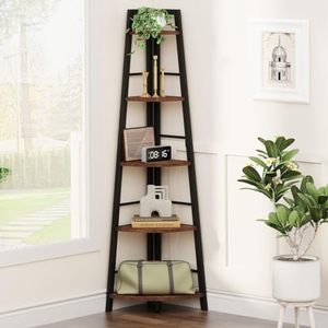 lot 51294 image: BON AUGURE Rustic Corner Ladder Shelf, 5-Tier Black Metal Wood Corner Bookshelf, Narrow Corner Bookcase Shelving for Living Room, Home Office, Small Space (Rustic Oak) - Retail $107.19