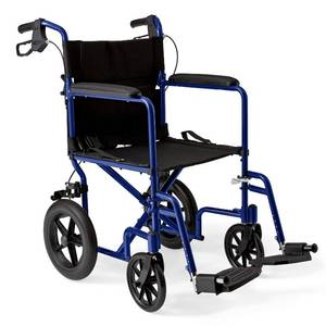 lot 51300 image: Medline Lightweight Foldable Transport Wheelchair with Handbrakes and 12-Inch Wheels, Blue Frame, Black Upholstery - Retail $174.39