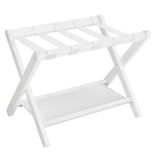 lot 51308 image: SONGMICS Luggage Rack, Folding Suitcase Stand with Storage Shelf, for Guest Room, Hotel, Bedroom, Heavy-Duty, Holds up to 131 lb, Classic White URLR007W01