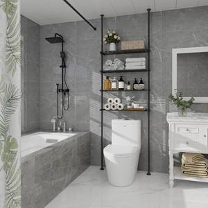 lot 51318 image: DYN Ptah 4-Tier Adjustable Metal Bathroom Shelves, Over Toilet Storage Organizer for Small Spaces, 65 to 116 Inch Tall, Black