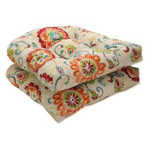 lot 51334 image: Pillow Perfect Bright Floral IndoorOutdoor Chair Seat Cushion Tufted, Weather, and Fade Resistant, 19 x 19, Tan Fanfare 2 Count