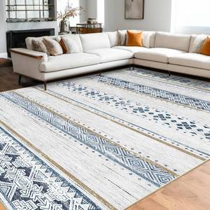 lot 51344 image: BESTSWEETIE 8x10 Area Rug for Living Room Washable Rug Moroccan Farmhouse Neutral Geometric Soft Low Pile Non-Slip Water Repellent Rug for Dining Room Bedroom BlueBrown - Retail $115.52