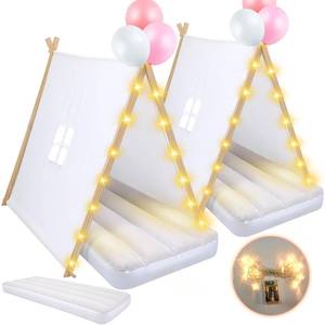 lot 51354 image: Windyun 2 Sets Kids Teepee Tent with Lights, Inflatable Airbed Teepee Tent for Kids Cotton Toddler Tent Kids Play Tent Washable Foldable Tent for Indoor Outdoor Boys and Girls Play Tent - Retail $99.92
