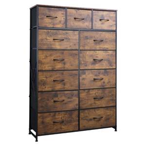 lot 51366 image: WLIVE Tall Dresser for Bedroom with 13 Drawers, Storage Dresser Organizer Unit, Fabric Dresser for Bedroom, Closet, Chest of Drawers, Steel Frame, Wood Top, Rustic Brown Wood Grain Print - Retail $99.97