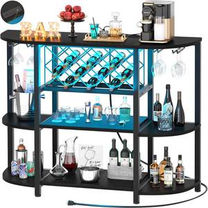 lot 51369 image: Unikito 4-Tier Metal Coffee Bar Cabinet with Outlet and LED Light, Freestanding Floor Bar Table for Liquor with Glass Holder and Wine Storage, Wine Table Bakers�� Rack for Kitchen Dining Room, Black - Retail $146.73