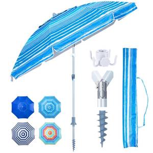 lot 51383 image: Tempera Heavy Duty High Wind Beach Umbrella with Sand Anchor & Carry BagPatio Outdoor Umbrella with Aluminum Frame and Push Button Tilt, Ideal for Travel Garden Lawn, UPF 60,Ocean Stripe