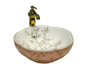 lot 51389 image: Pink Color Flower Shape Bathroom Vessel Sinks Ceramic Art Wash Basin with Flower Bird Pattern for Counter Vanity Top,1 Sink Only - Retail $218.45