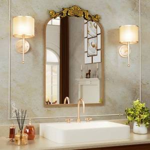 lot 51417 image: WEER Gold Antique Mirror 24x36 Inch, Arendahl Traditional Arch Mirror with Alumium Alloy Frame, Gold Vintage Wall Mirror for Bathroom, Tempered Glass, Baroque Mirror Hangs Vertical or Leans - Retail $119.99