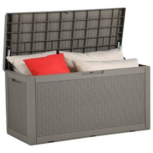 lot 51429 image: YITAHOME 100 Gallon Large Deck Box with Cushion, Outdoor Resin Storage Boxes for Patio Furniture, Outdoor Cushions, Garden Tools, Water Resistant and Lockable - Retail $88.15