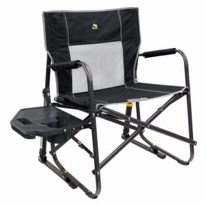 lot 51433 image: GCI Outdoor Freestyle Rocker XL with Side Table Camping Chair  Portable Folding Rocking Chair with Solid, Durable Armrests, Drink Holder & Comfortable Backrest �� Black - Retail $85.11
