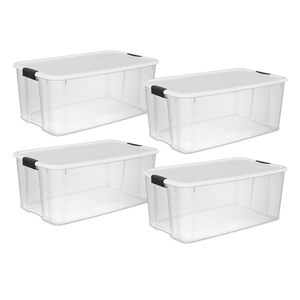 lot 51435 image: Sterilite 116 Qt Ultra Latch Box, Stackable Storage Bin with Lid, Plastic Container with Heavy Duty Latches to Organize, Clear and White Lid, 4-Pack - Retail $102.65