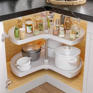 lot 51442 image: YITAHOME 28-Inch Large Kidney Shaped Pie Cut 2-Shelf Lazy Susan Corner Kitchen Cabinet Storage Organizer with Telescoping Mount, White - Retail $82.68